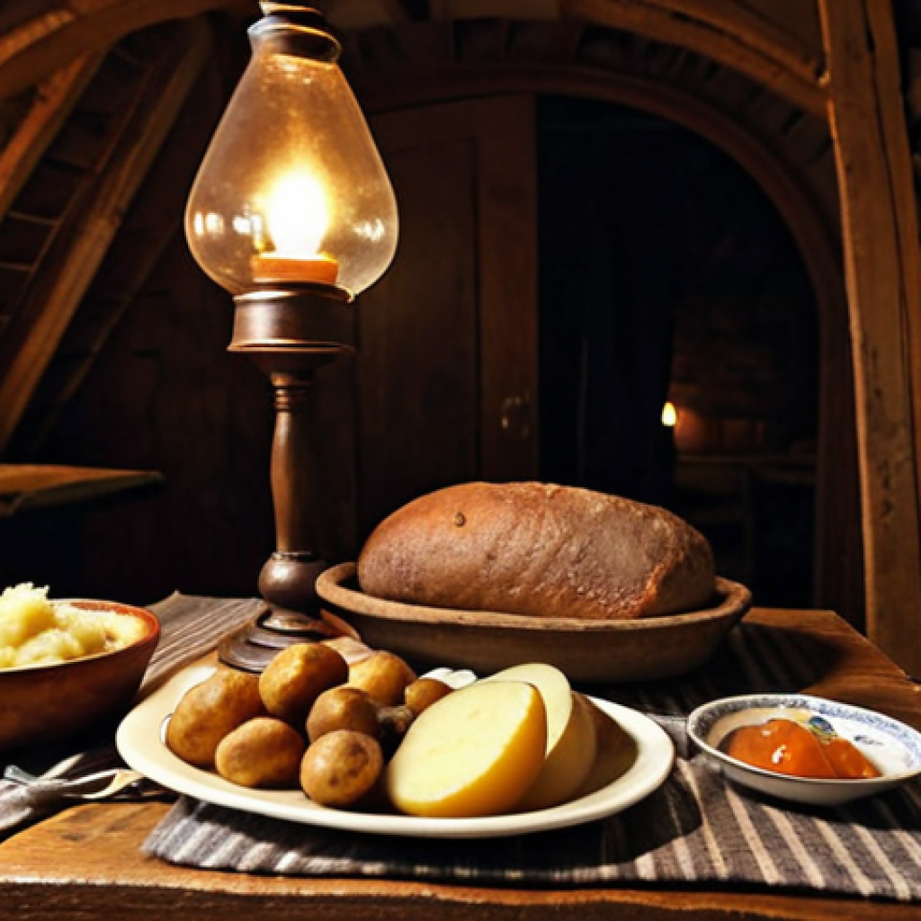 **

A rustic wooden table laden with traditional Estonian food.  Focus on potatoes, pork stew, and pickled herring.  A loaf of dark rye bread is also present. The setting should evoke a cozy, slightly old-fashioned tavern in Tallinn's Old Town.  Dim lighting with warm candlelight.  Emphasis on the natural textures of the ingredients.  Consider adding subtle Nordic design elements in the background.

**