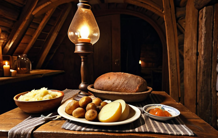 **

A rustic wooden table laden with traditional Estonian food.  Focus on potatoes, pork stew, and pickled herring.  A loaf of dark rye bread is also present. The setting should evoke a cozy, slightly old-fashioned tavern in Tallinn's Old Town.  Dim lighting with warm candlelight.  Emphasis on the natural textures of the ingredients.  Consider adding subtle Nordic design elements in the background.

**