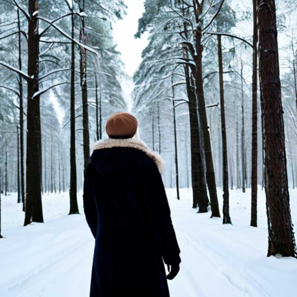 A contemplative adult figure, fully clothed in modest, professional winter attire, stands amidst a serene, snow-covered Estonian forest. The atmosphere is quiet and imbued with a sense of philosophical depth, reflecting themes of the cycle of life and the passage of time. The scene is captured with cinematic wide-angle photography, emphasizing the vastness of nature. Perfect anatomy, correct proportions, natural pose, well-formed hands, proper finger count, natural body proportions. High quality, professional photograph, safe for work, appropriate content, family-friendly.