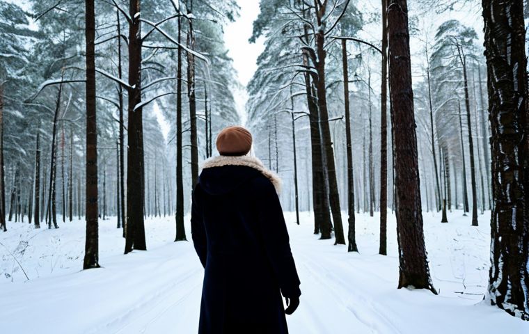 A contemplative adult figure, fully clothed in modest, professional winter attire, stands amidst a serene, snow-covered Estonian forest. The atmosphere is quiet and imbued with a sense of philosophical depth, reflecting themes of the cycle of life and the passage of time. The scene is captured with cinematic wide-angle photography, emphasizing the vastness of nature. Perfect anatomy, correct proportions, natural pose, well-formed hands, proper finger count, natural body proportions. High quality, professional photograph, safe for work, appropriate content, family-friendly.