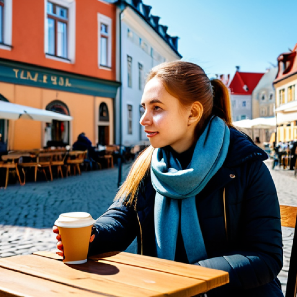 Outdoor Cafe Scene**
A fully clothed young woman enjoying coffee at an outdoor cafe in Tallinn's Old Town. She is wearing modest, casual clothing. In the background, people are strolling and the architecture is visible. Include a person in the background discreetly using a vape. Perfect anatomy, correct proportions, natural pose, safe for work, appropriate content, professional photography, high quality.
**