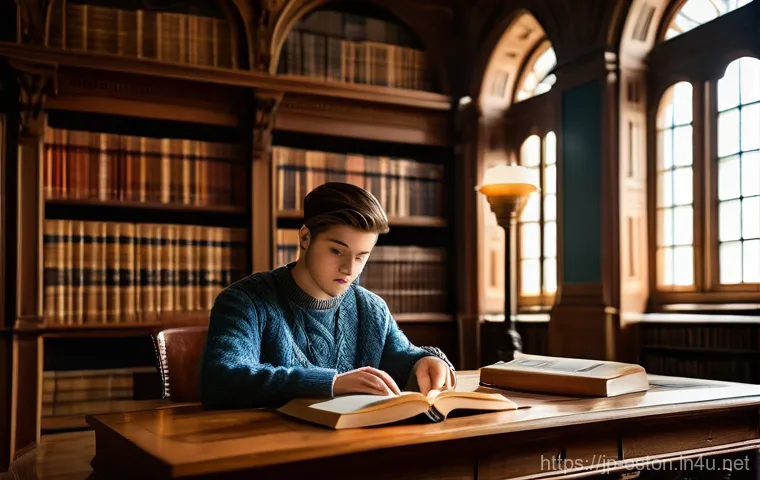 타르투 대학과 주변 명소 - **A Serene Study Session in a Historic Library:** A young adult student, dressed in casual yet styli...