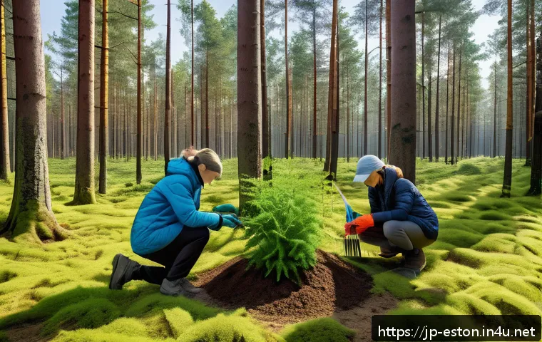 에스토니아의 환경 보호 정책 및 지속 가능성 - A futuristic Estonian forest scene showcasing sustainable forest management: tall, lush green trees ...