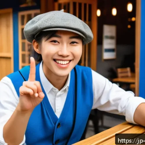 에스토니아 여행 시 언어 문제 해결법 - A cheerful young Japanese traveler using simple hand gestures and expressive facial expressions whil...