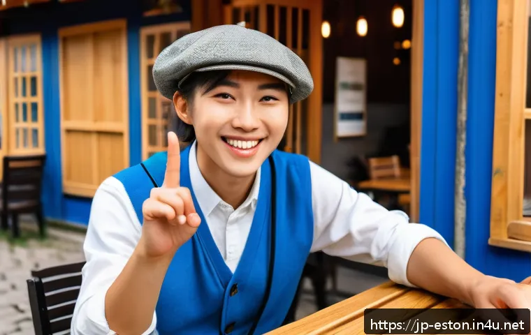 에스토니아 여행 시 언어 문제 해결법 - A cheerful young Japanese traveler using simple hand gestures and expressive facial expressions whil...
