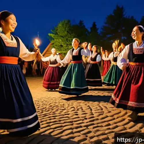 에스토니아 전통 음악과 춤 - A vibrant scene of an Estonian traditional festival at night during the Jaanip&auml;ev (Midsummer) celebr...