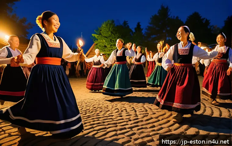 에스토니아 전통 음악과 춤 - A vibrant scene of an Estonian traditional festival at night during the Jaanip&auml;ev (Midsummer) celebr...