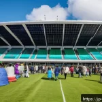 에스토니아에서 가장 큰 스타디움 및 스포츠 경기장 - A vibrant scene outside Estonia&rsquo;s largest stadium in Tallinn during a sunny weekend afternoon, showi...