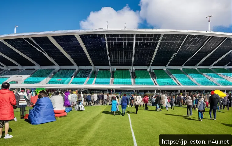 에스토니아에서 가장 큰 스타디움 및 스포츠 경기장 - A vibrant scene outside Estonia&rsquo;s largest stadium in Tallinn during a sunny weekend afternoon, showi...