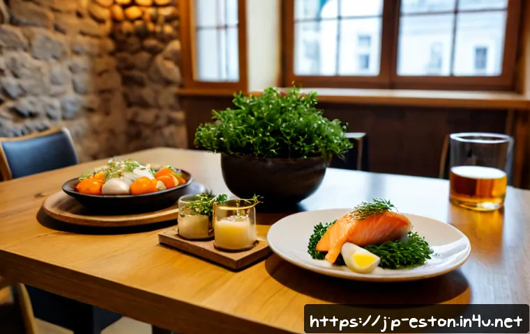에스토니아 식당 및 카페 추천 - Photorealistic inviting Estonian restaurant interior in Tallinn’s historic old town, a cozy wooden t...